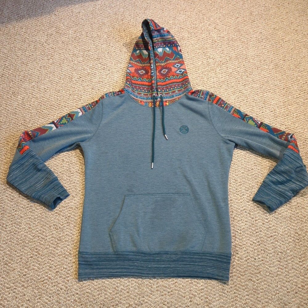 Hooey Hoodie Sweatshirt Mens Small Teal Southwest Western Aztec Pockets